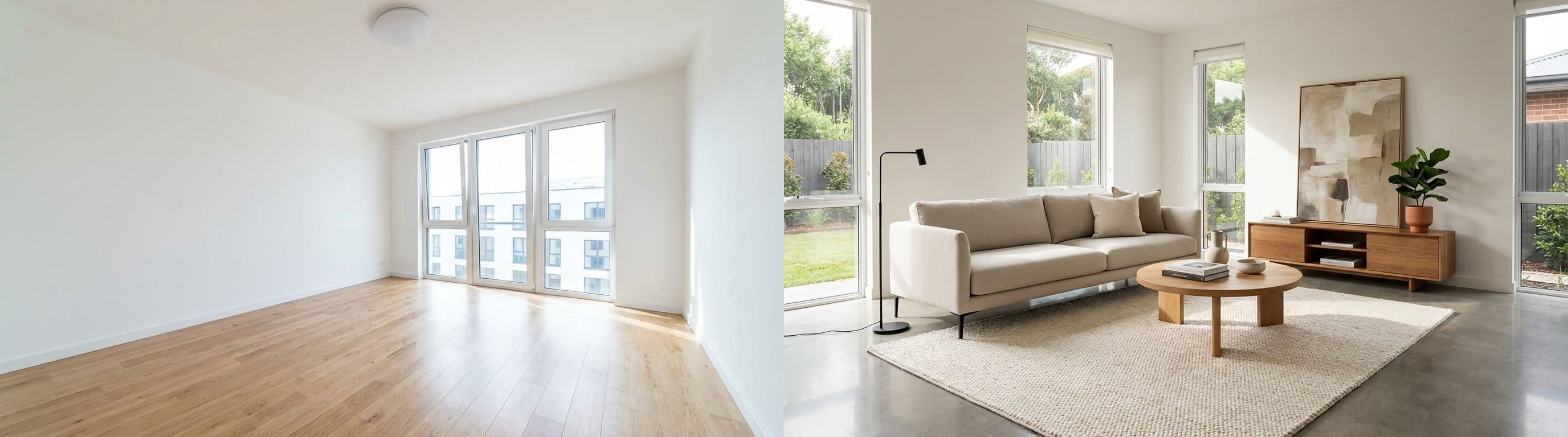 Wohnzimmer: Vorher vs. nach Virtual Staging