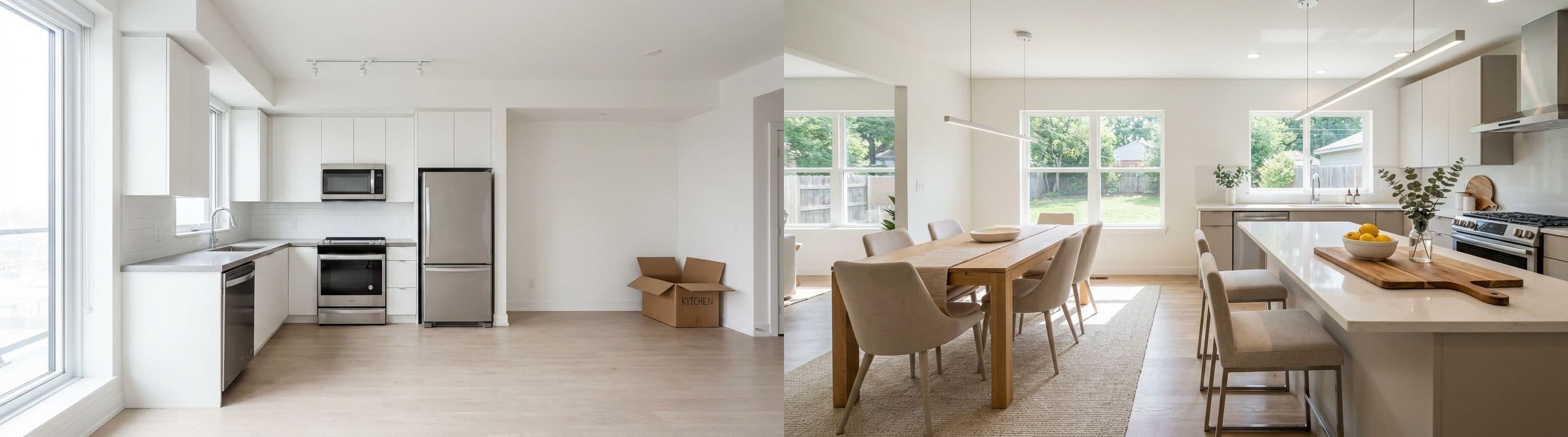 Offene Küche mit Essbereich: Vorher vs. nach Virtual Staging