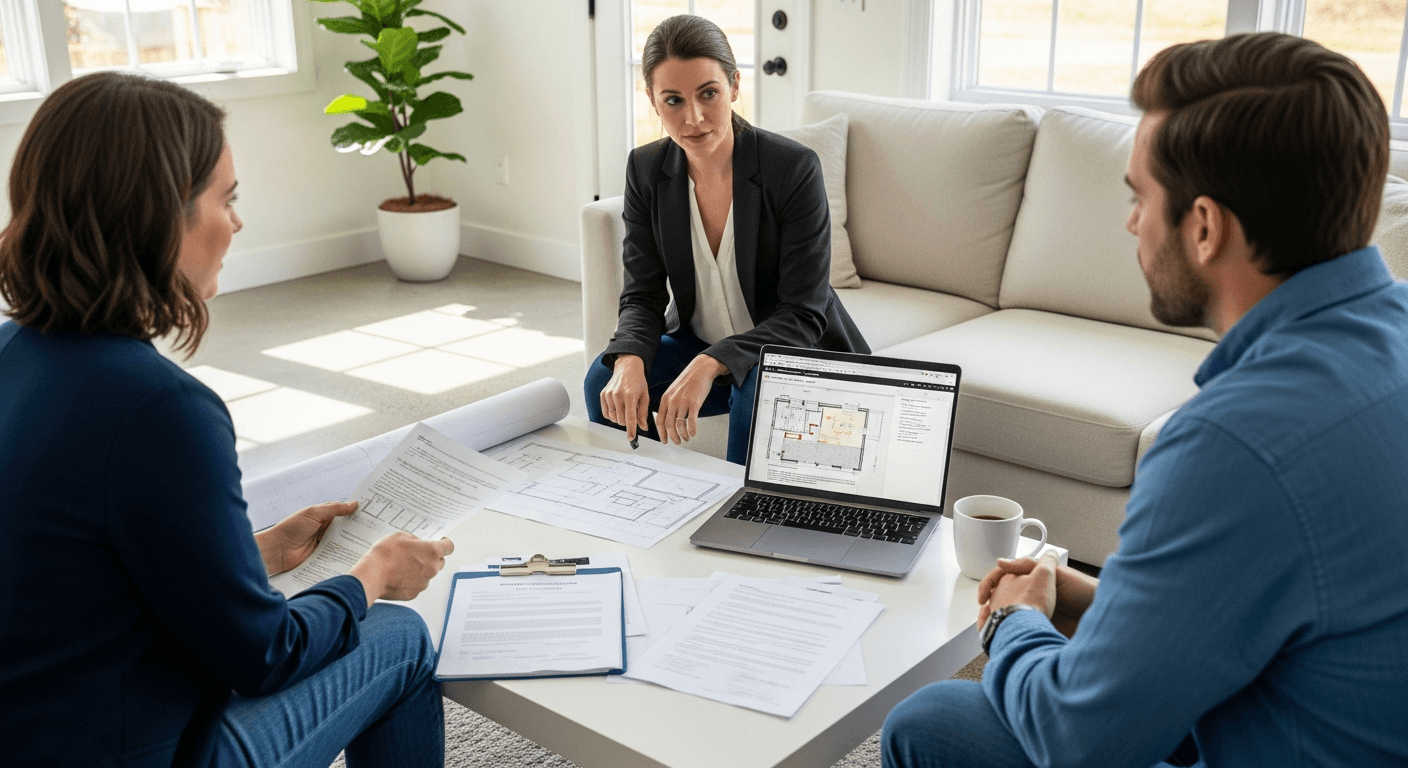 Agent nieruchomości omawiający wady nieruchomości z kupującymi w nowoczesnym wnętrzu domu