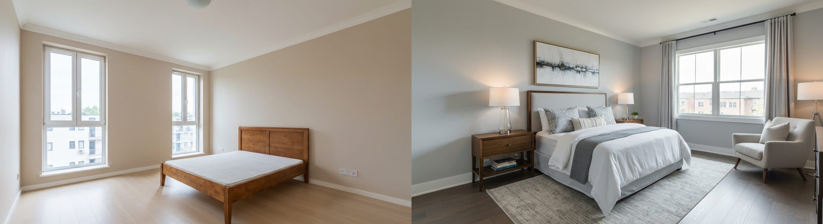 Sypialnia: przed i po wirtualnym stagingu