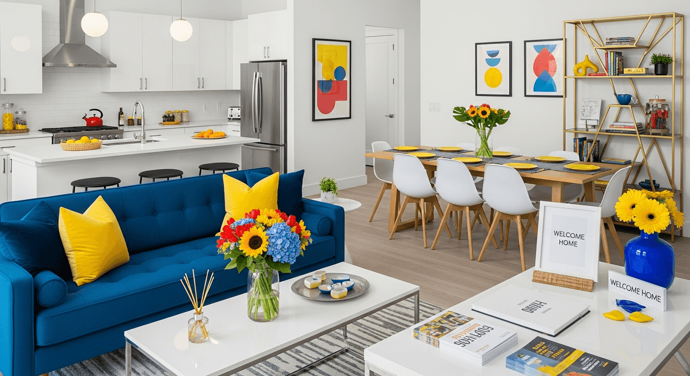 Nowoczesny salon zaaranżowany na Dzień Otwarty z odwiedzającymi oglądającymi nieruchomość