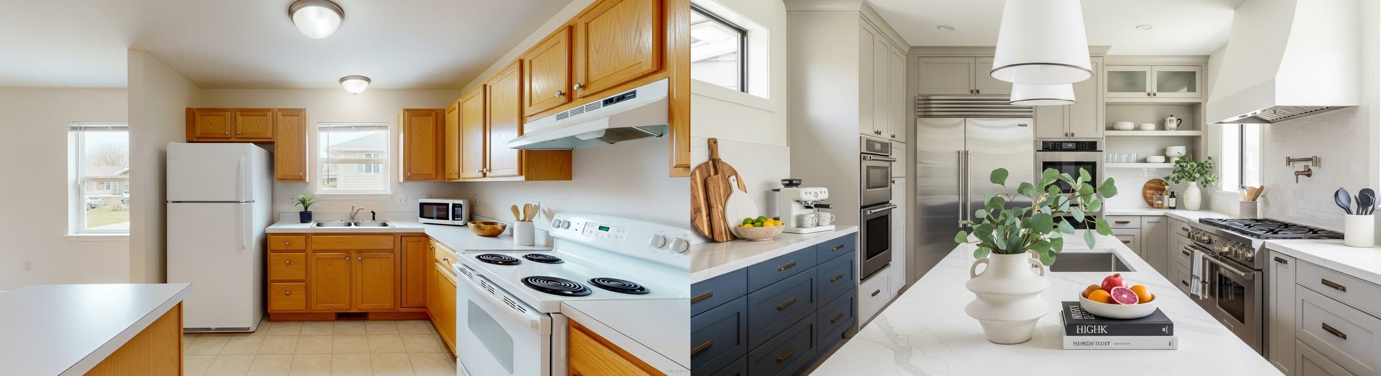 Küche: vor vs. nach virtuellem Staging