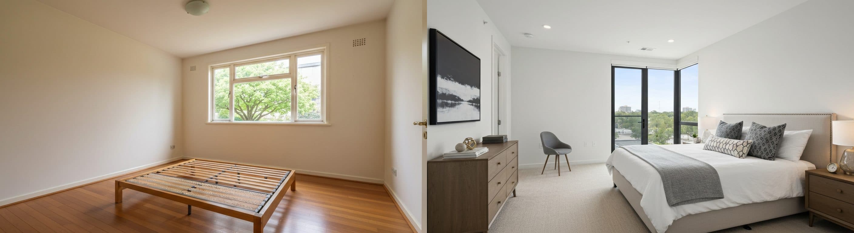 Spálňa: pred vs po virtuálnom inscenovaní