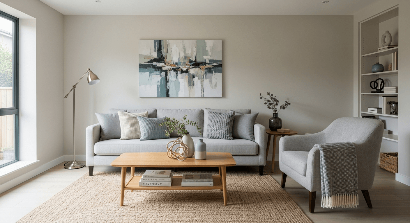 Krásne inscenovaná obývacia izba pripravená na deň otvorených dverí s návštevníkmi, ktorí si ju prezerajú