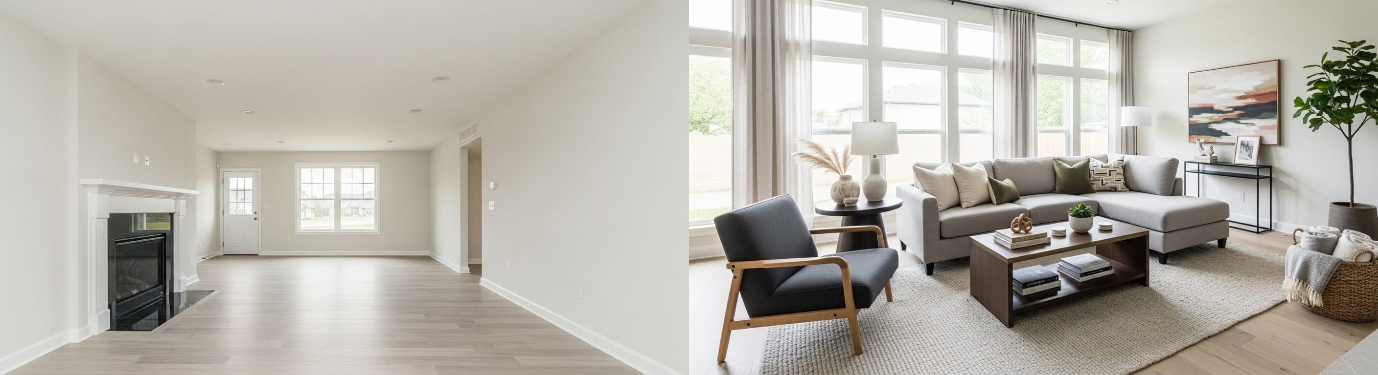 Wohnzimmer: vor vs. nach virtuellem Staging