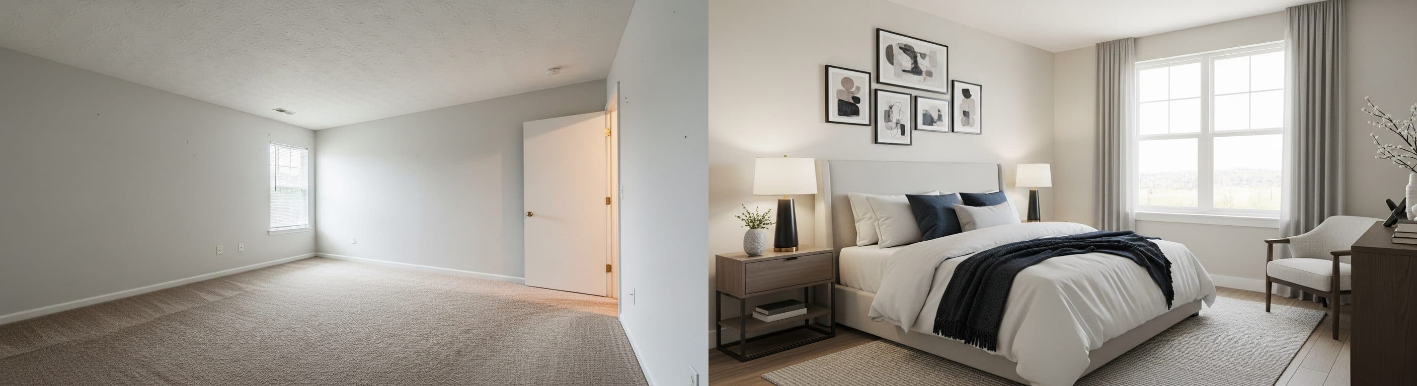 Schlafzimmer: vor vs. nach virtuellem Staging