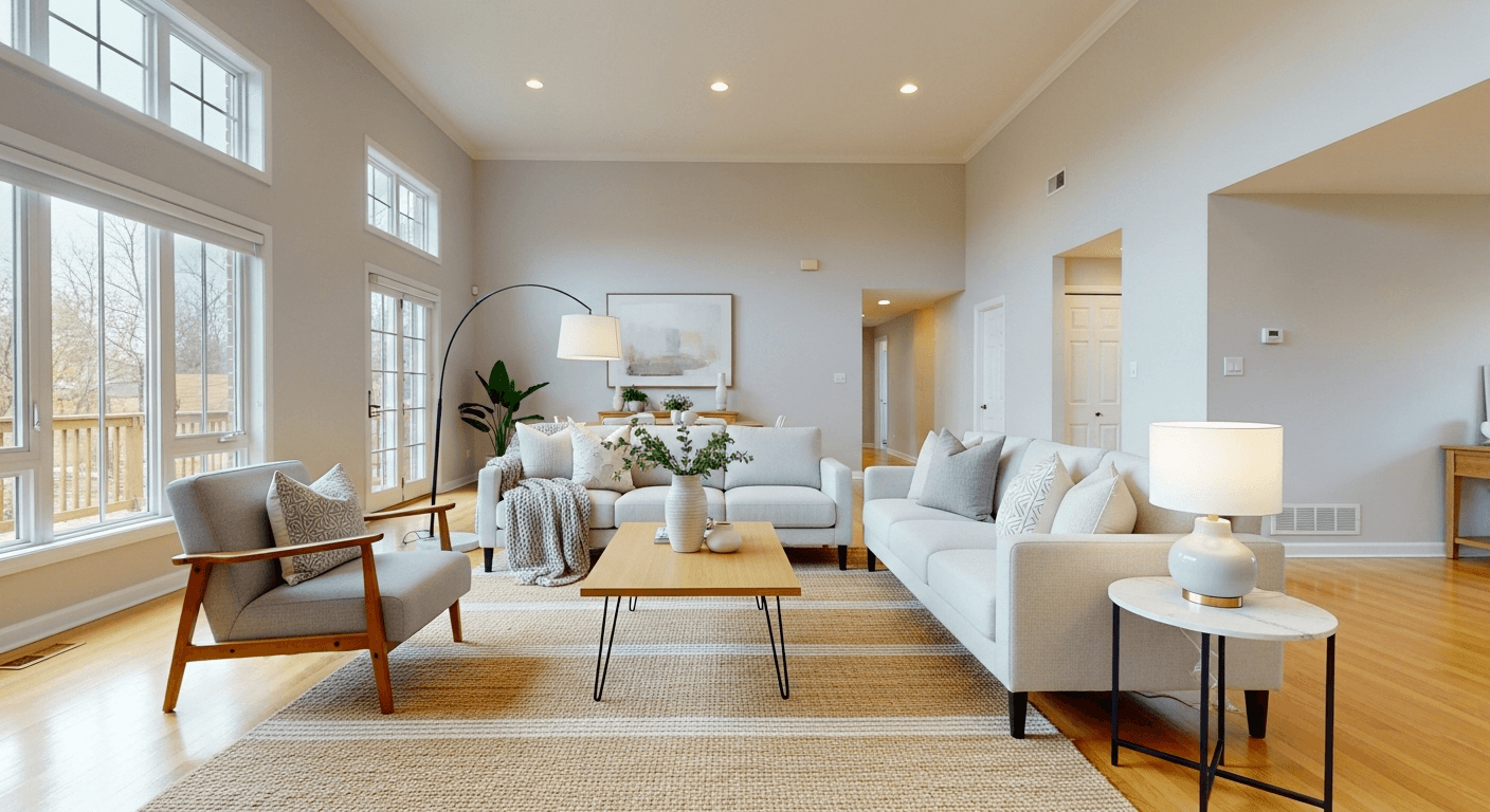 Un soggiorno splendidamente allestito in una casa moderna, che mostra tecniche di virtual staging per attrarre rapidamente acquirenti in un mercato debole