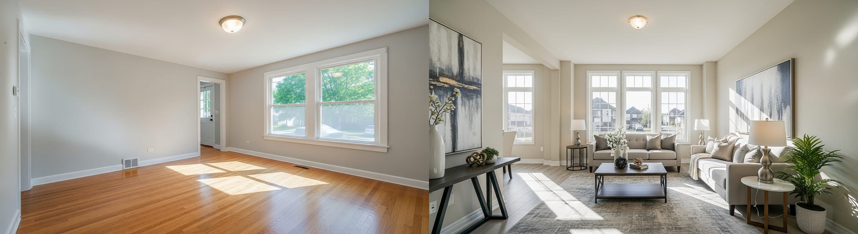 Salon : avant vs après le home staging virtuel