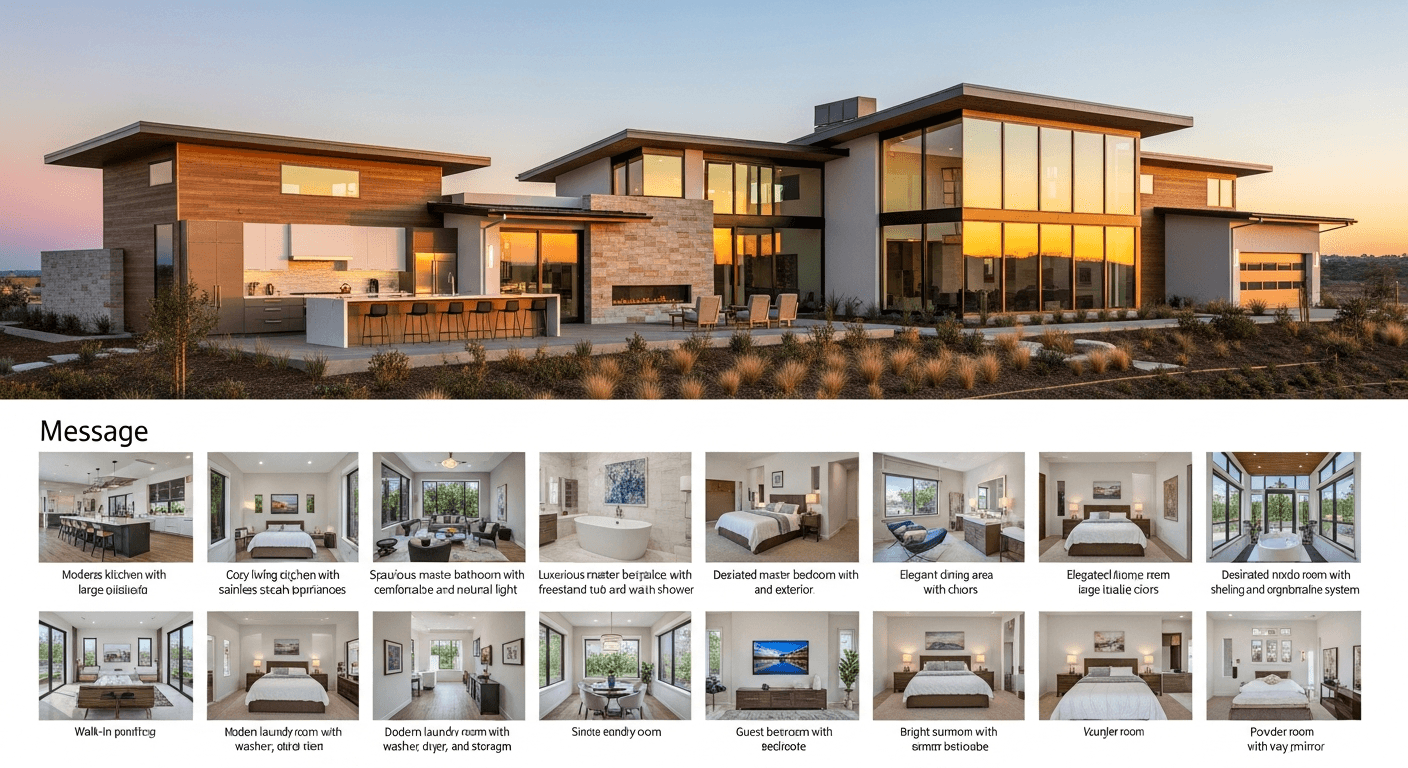 Un extérieur de maison magnifiquement mis en scène avec plusieurs photos de haute qualité affichées sur une plateforme d'annonces immobilières