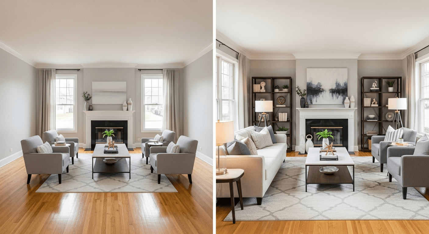 Schlafzimmer: vor und nach virtuellem Staging