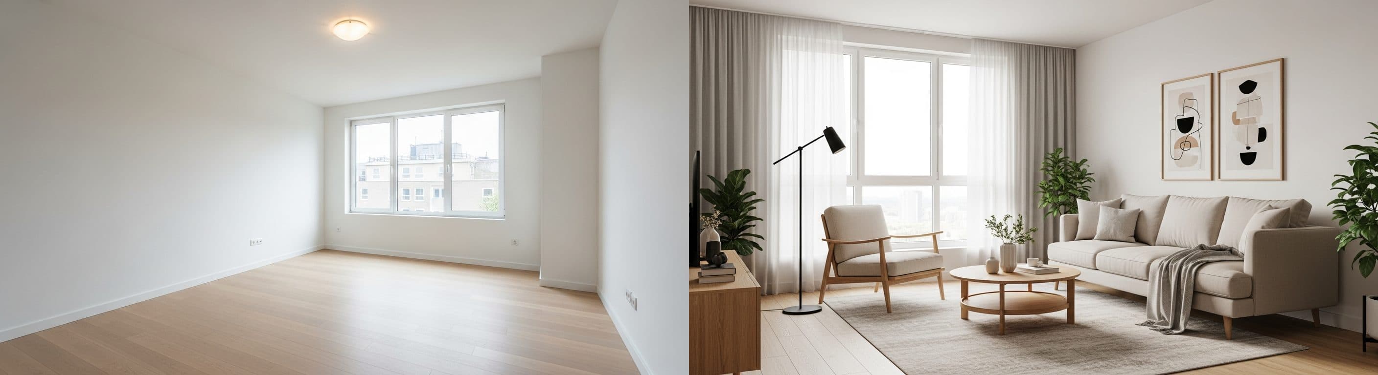 Wohnzimmer: Vorher vs. Nachher (virtuelles Staging)