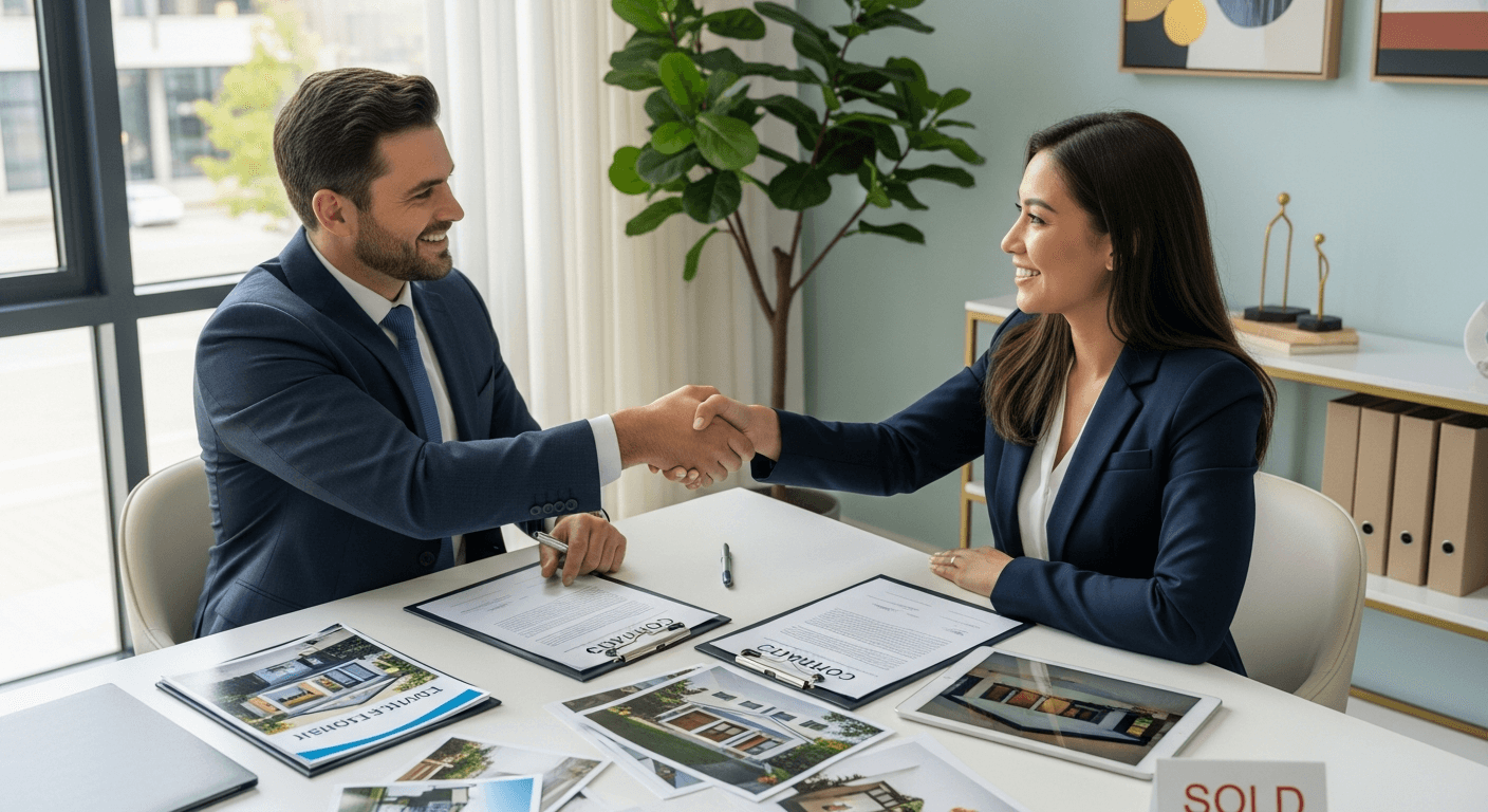 Profesionálny realitný maklér diskutuje o exkluzívnej maklérskej zmluve s klientom v modernom kancelárskom prostredí