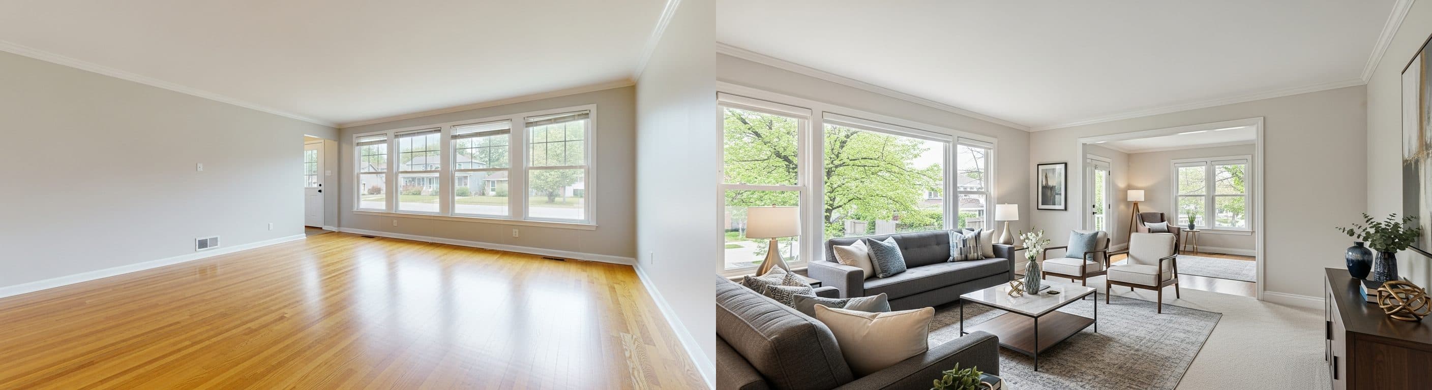 Living Room: before vs after virtual staging