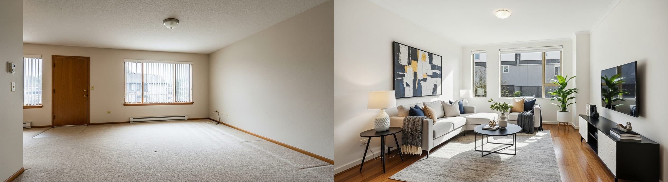 Obývačka: pred a po virtuálnom stagingu