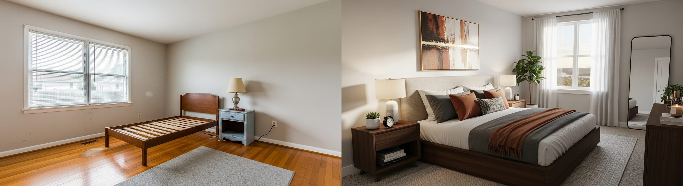 Sypialnia: przed vs po wirtualnym stagingu