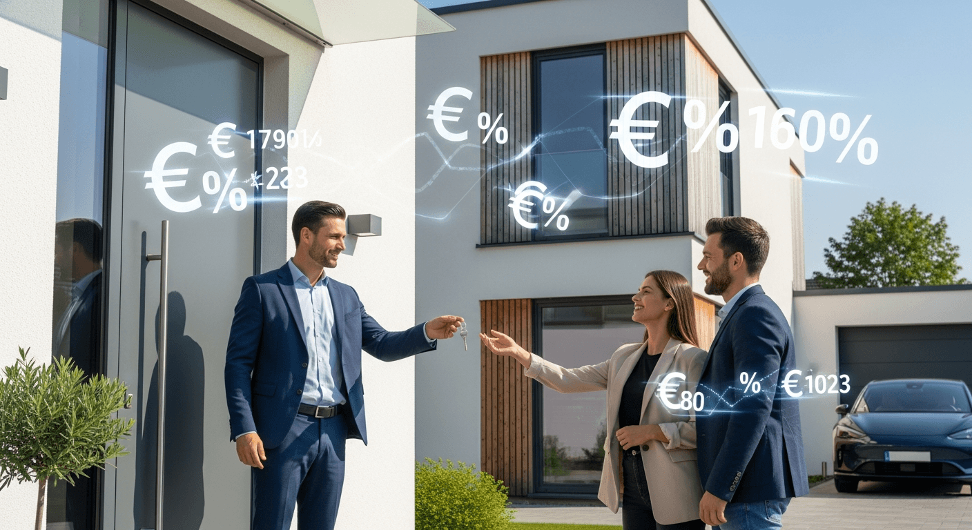 Ilustracja pośrednika nieruchomości omawiającego prowizje z kupującymi i sprzedającymi w nowoczesnym niemieckim domu