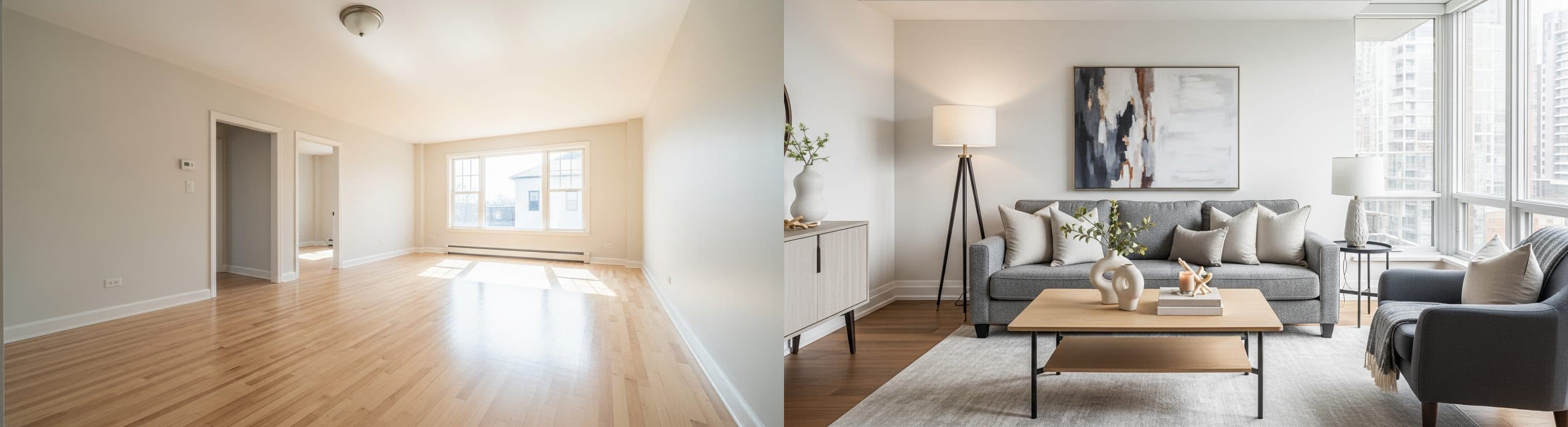 Wohnzimmer: Vorher vs. Nachher virtuelles Staging