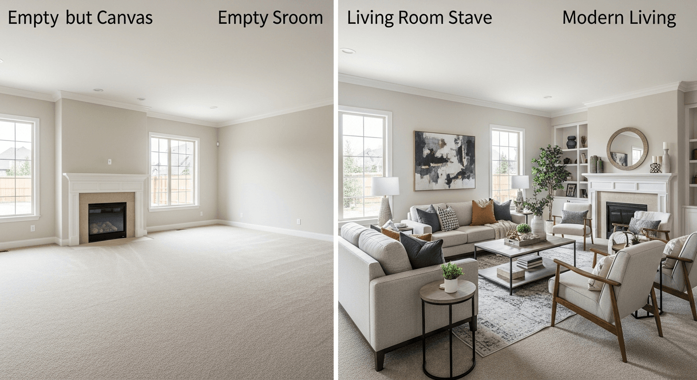 Obývacia izba luxusnej nehnuteľnosti: pred vs po virtuálnom stagingu