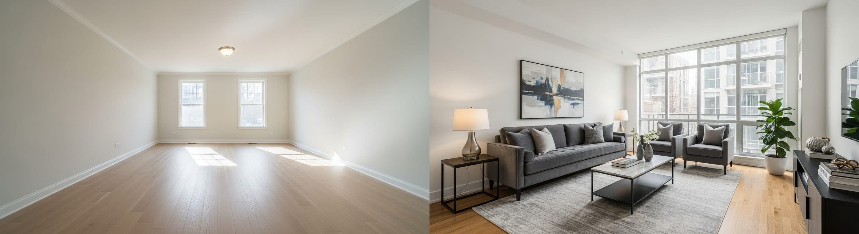 living room: before vs after virtual staging