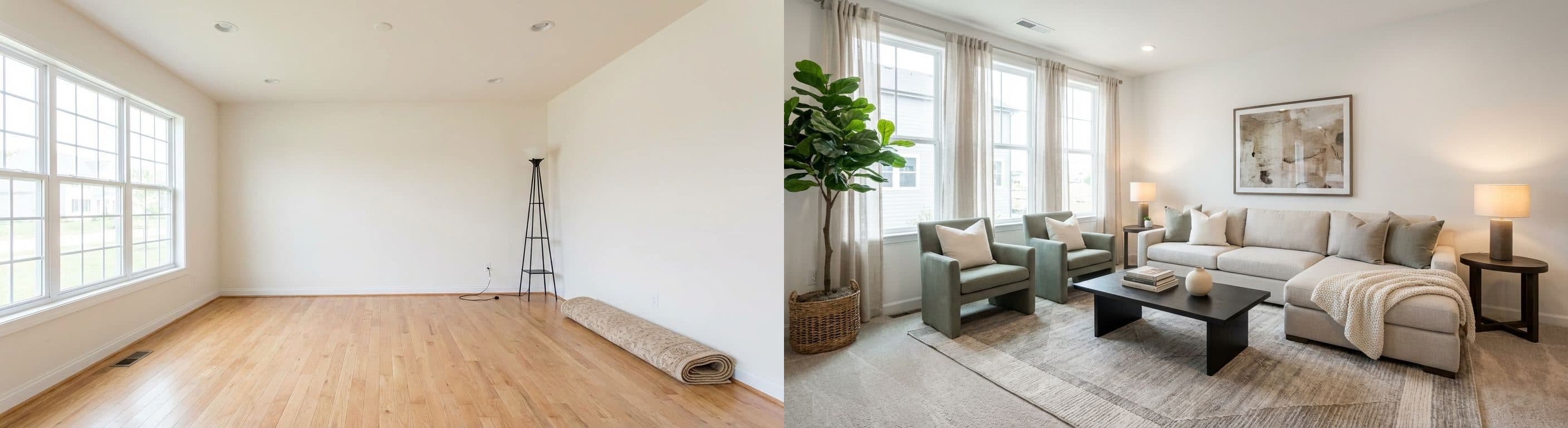 Wohnzimmer: vorher vs. nachher (virtuelles Staging)