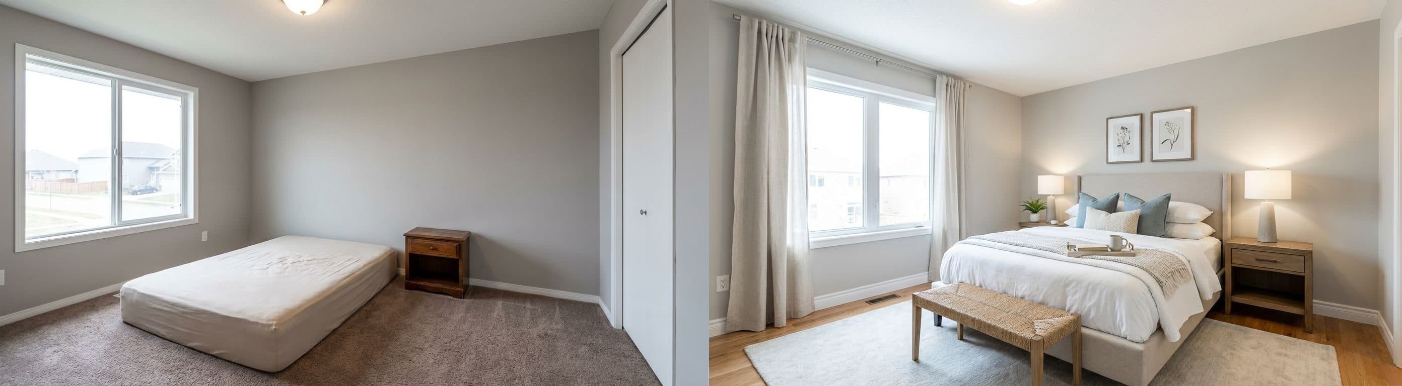 Hauptschlafzimmer: vorher vs. nachher (virtuelles Staging)