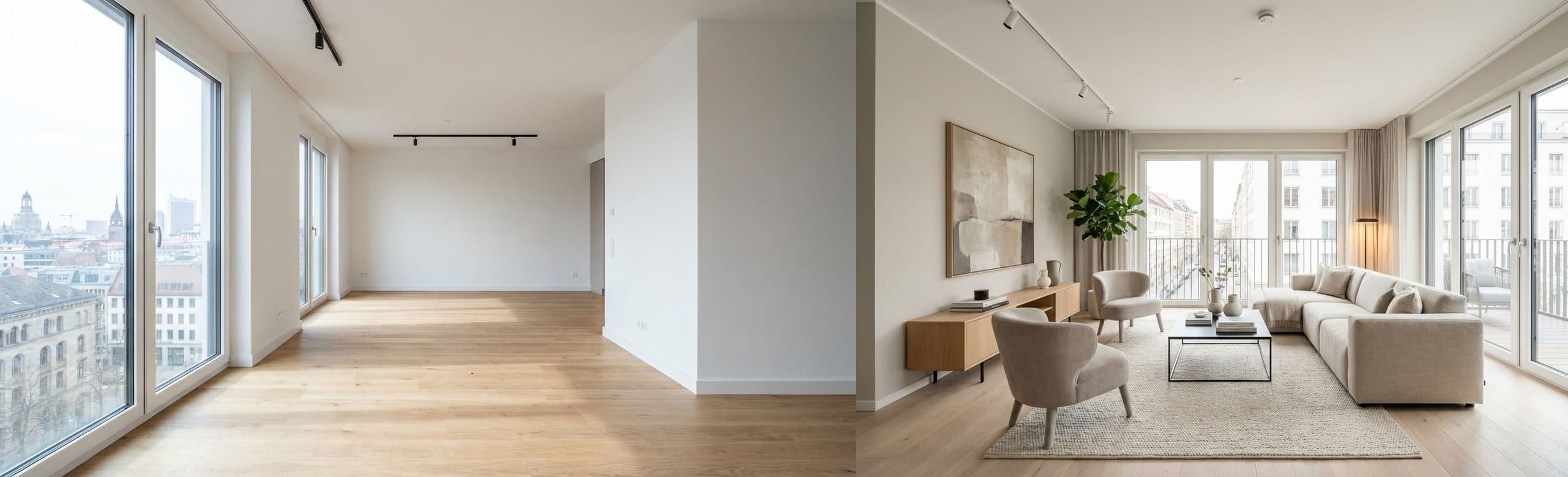 Wohnzimmer (Open-Plan): vorher vs. nachher Virtual Staging