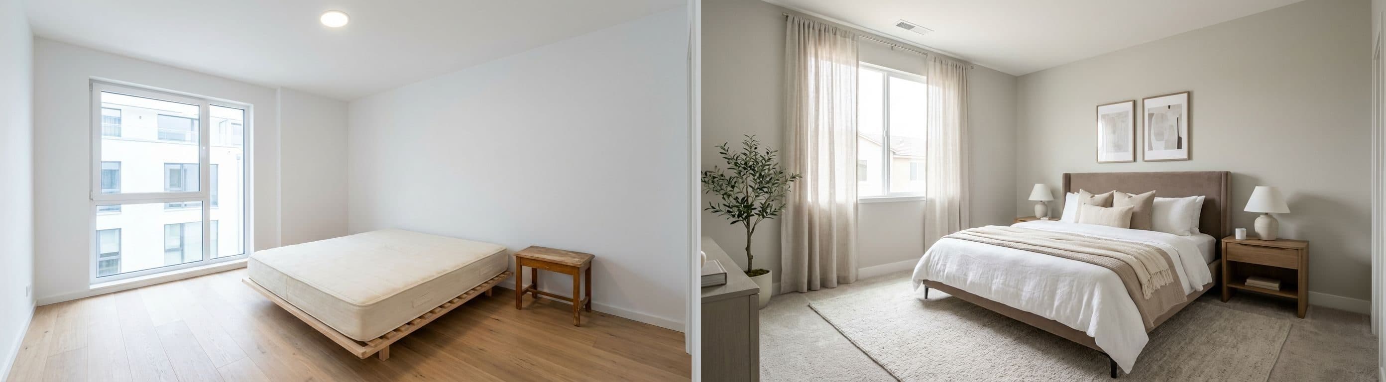 Hauptschlafzimmer: vorher vs. nachher Virtual Staging