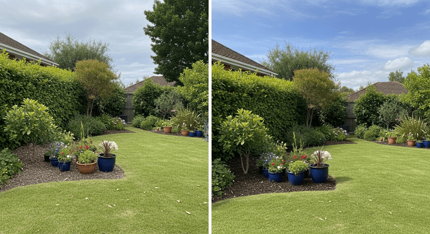 Slika prije i poslije uređenog vrta s mini nadogradnjama poput biljaka u posudama i rasvjete