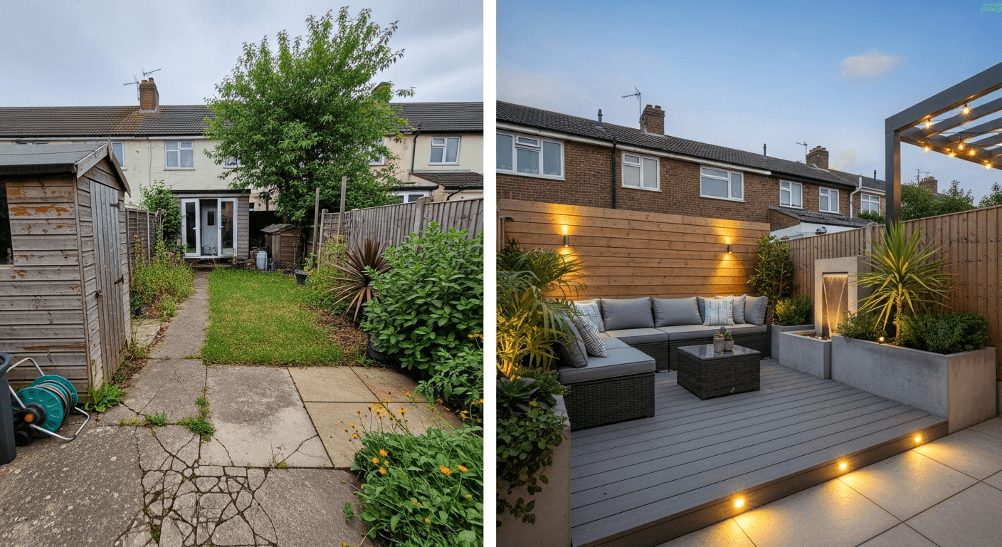 Zdjęcie ogrodu przed i po ulepszeniu, pokazujące mini zmiany z maksymalnym efektem