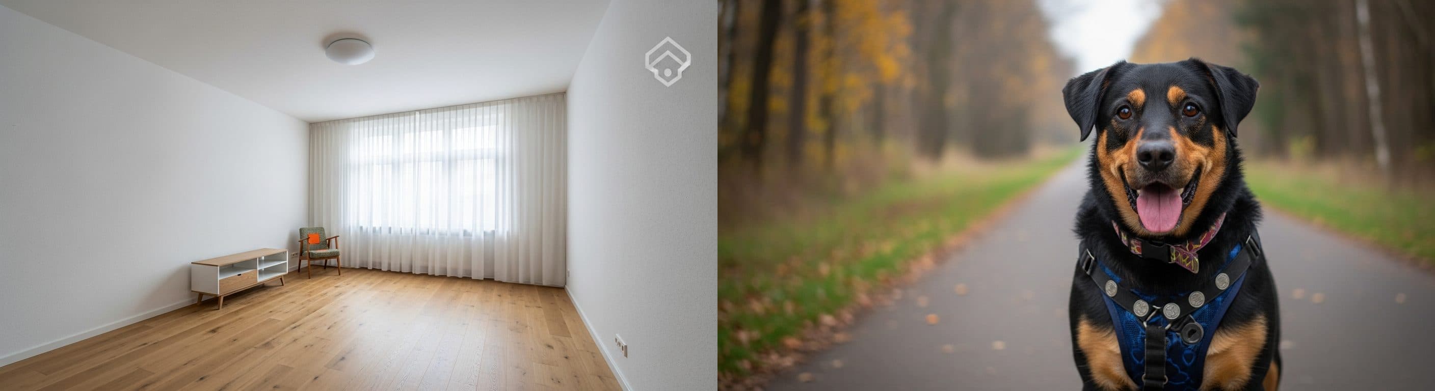 Wohnzimmer: Vorher im leeren Zustand, Nachher mit virtuellem Staging und ansprechender Einrichtung für den Tag der offenen Tür