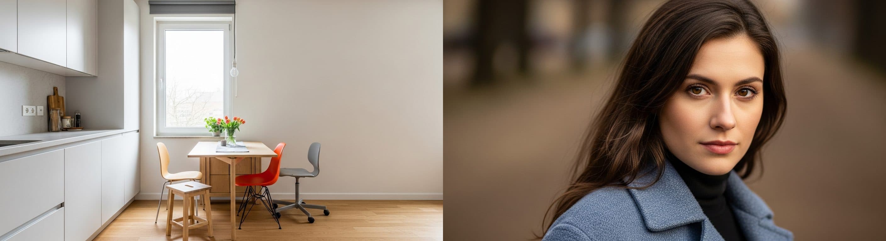 Essbereich/Küchenzeile: Vorher im unmöblierten Zustand, Nachher mit virtuellem Staging und einladender Einrichtung für die Präsentation