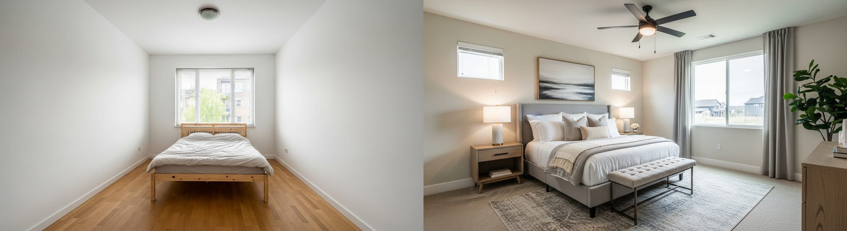 Hauptschlafzimmer: Vorher im leeren Zustand, Nachher mit virtuellem Staging und gemütlicher Einrichtung für eine optimale Präsentation