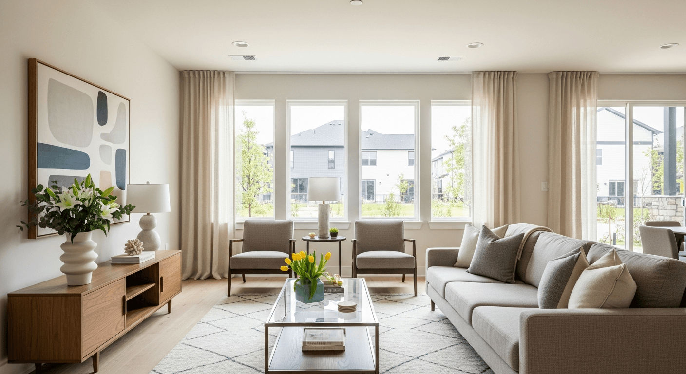 Living modern amenajat pentru un open house, cu styling curat, lumină naturală și zonă de înregistrare