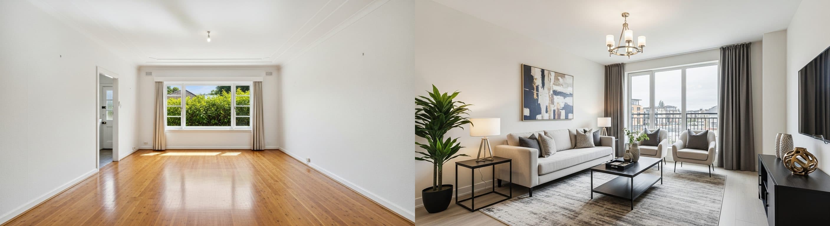 Wohnzimmer: vor vs. nach virtuellem Staging