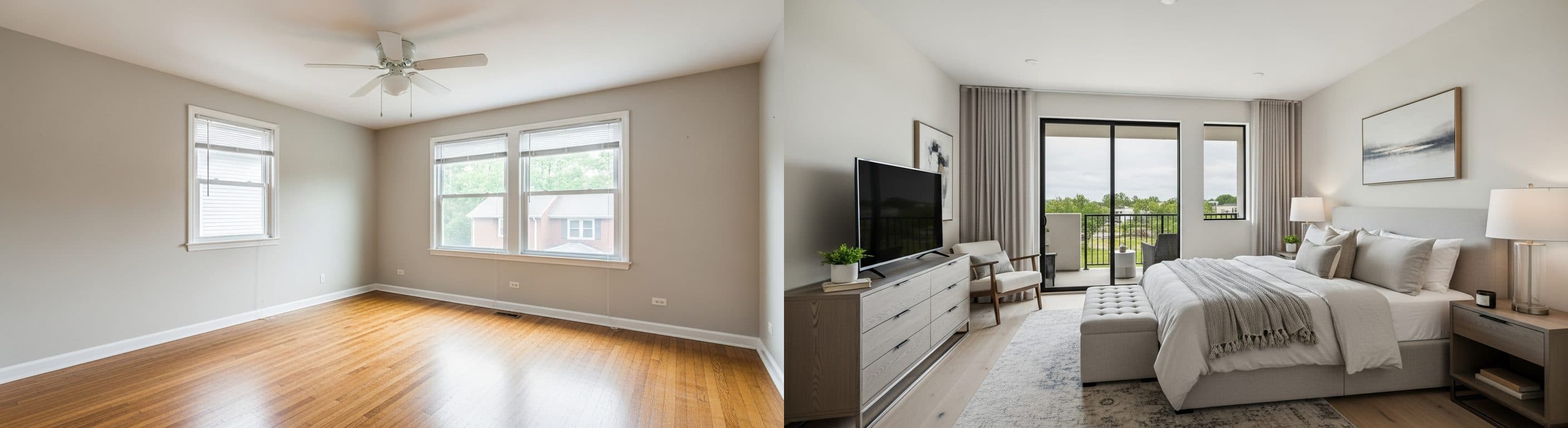 Schlafzimmer: vor vs. nach virtuellem Staging