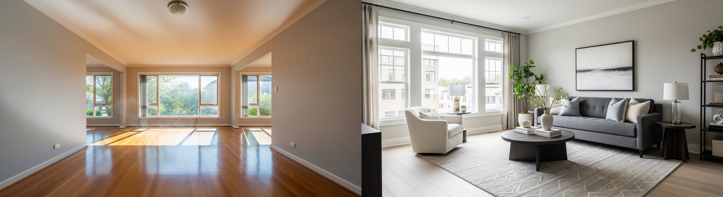 Wohnzimmer: vor vs. nach virtuellem Staging