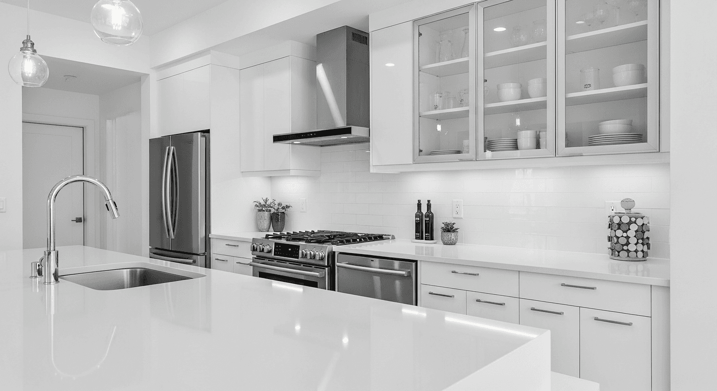 Professionele vastgoedfoto van een moderne keuken met glas- en chroomoppervlakken, geen reflecties zichtbaar