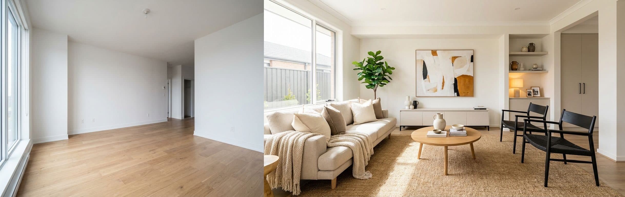 Living Room: before vs after virtual staging