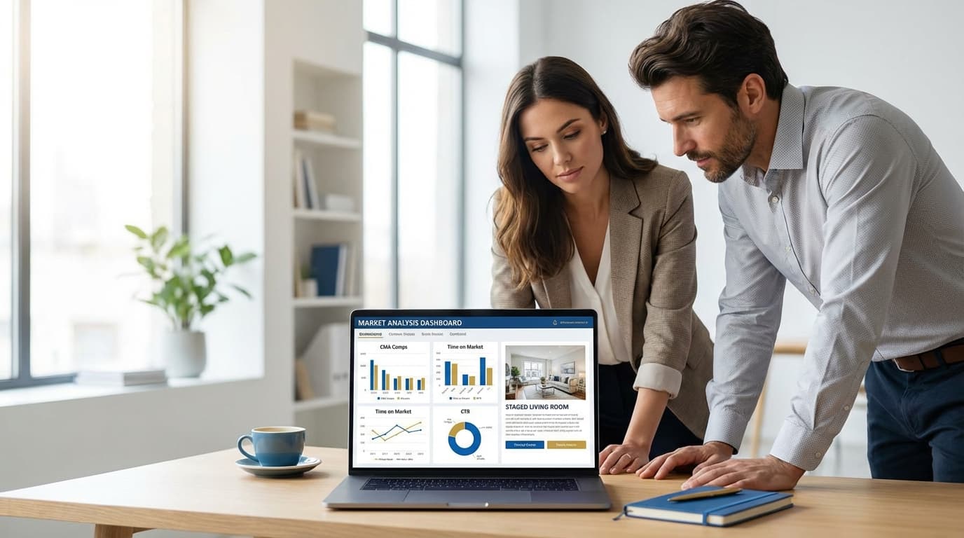 Makler und Verkäufer analysieren Immobilien-Preisstrategie mit Marktanalyse, Home Staging und Online-Listing-Performance