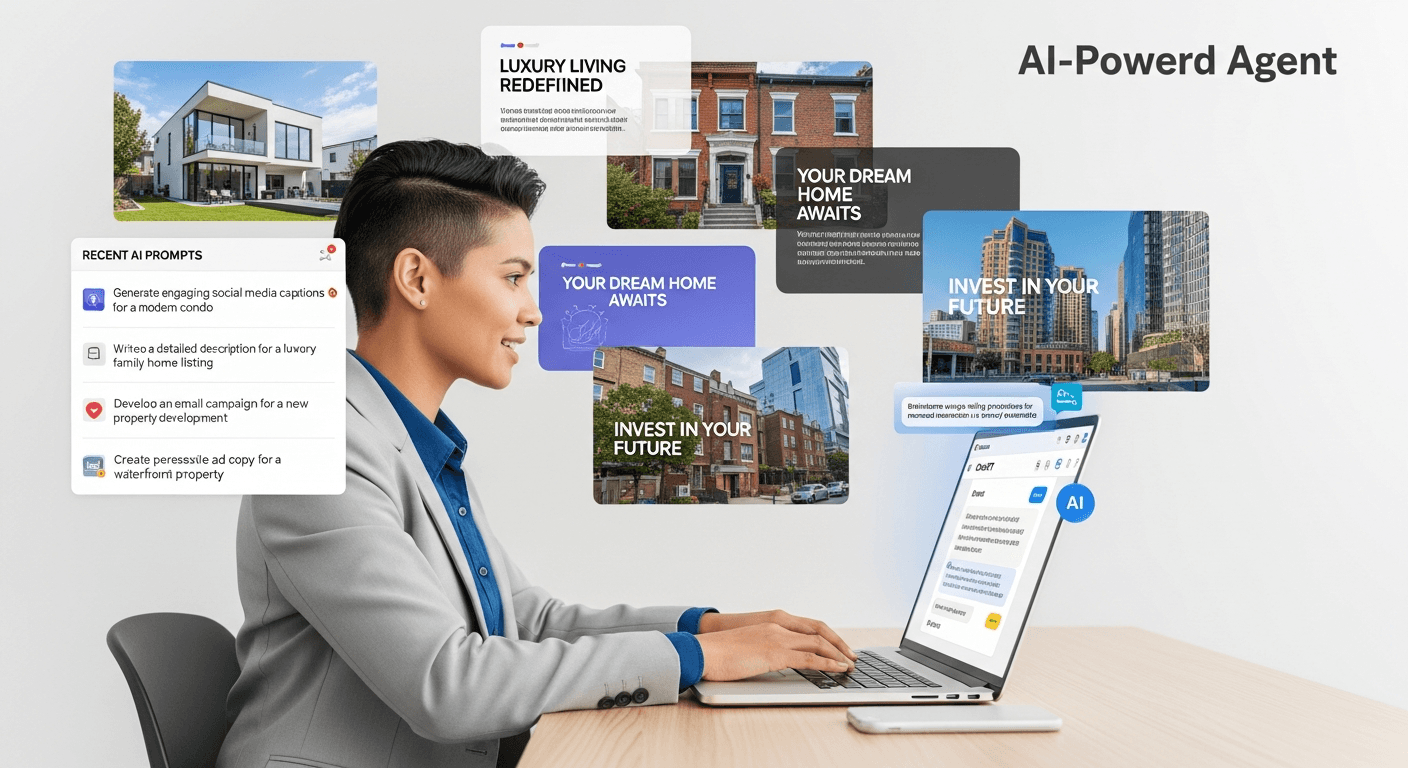 Illustration eines Immobilienmaklers, der KI-Prompts auf einem Computer mit Immobilienbildern und Text-Overlays verwendet
