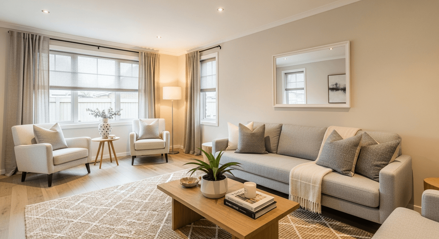 Ein wunderschön inszeniertes Wohnzimmer, bereit für eine Immobilienbesichtigungstour