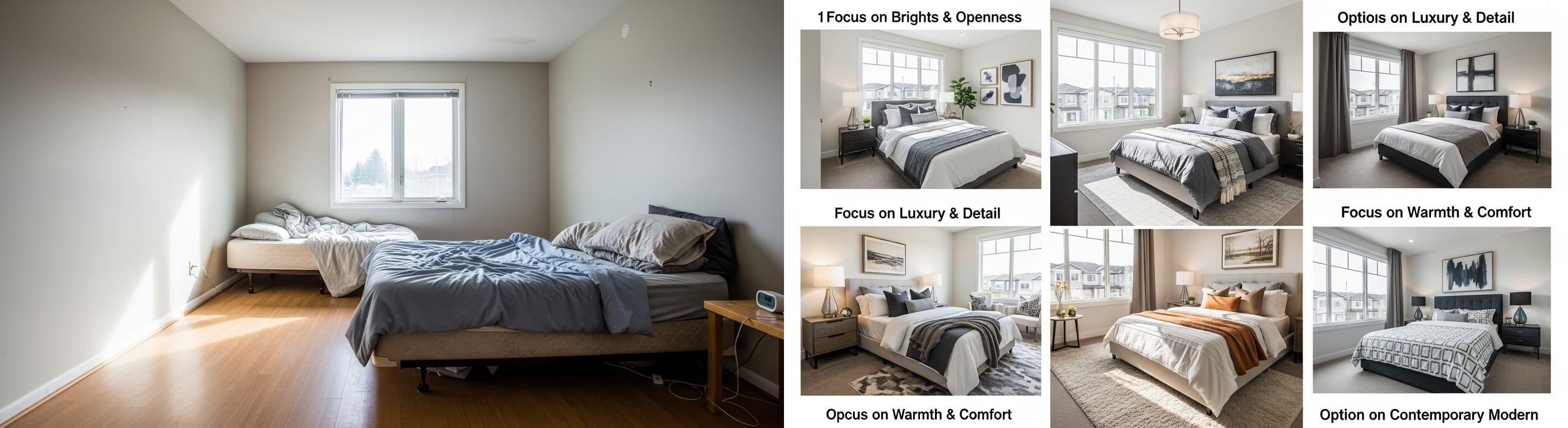 Schlafzimmer: vor vs. nach virtuellem Staging