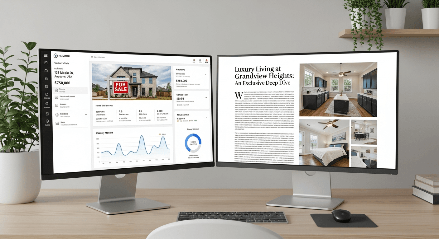 Illustration eines Immobilienmaklers, der Daten schnell in ein professionelles Immobilienexposé auf einem Computerbildschirm umwandelt