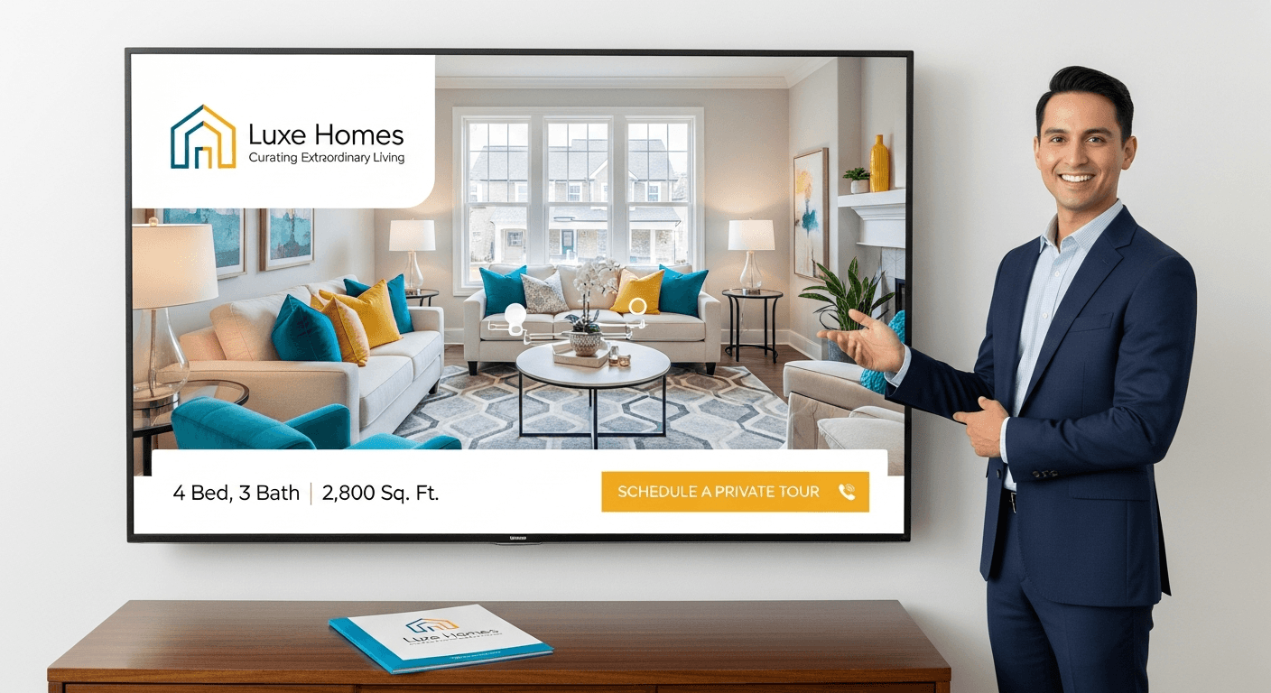 Agent immobilier présentant des visuels de marque avec des photos de propriétés mises en scène