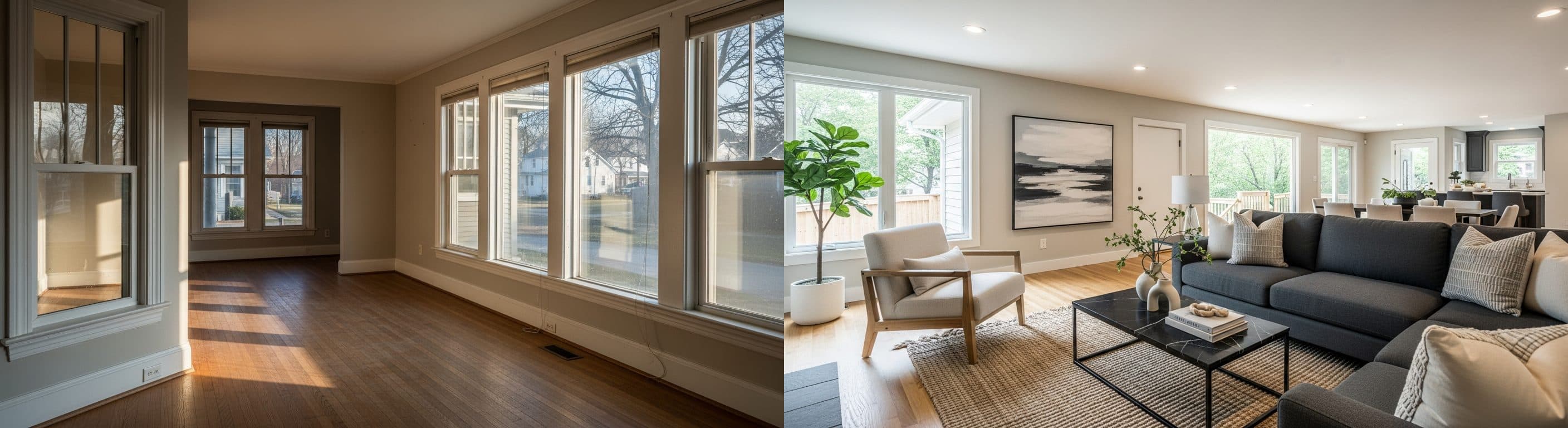 Wohnzimmer: vor vs. nach virtuellem Staging