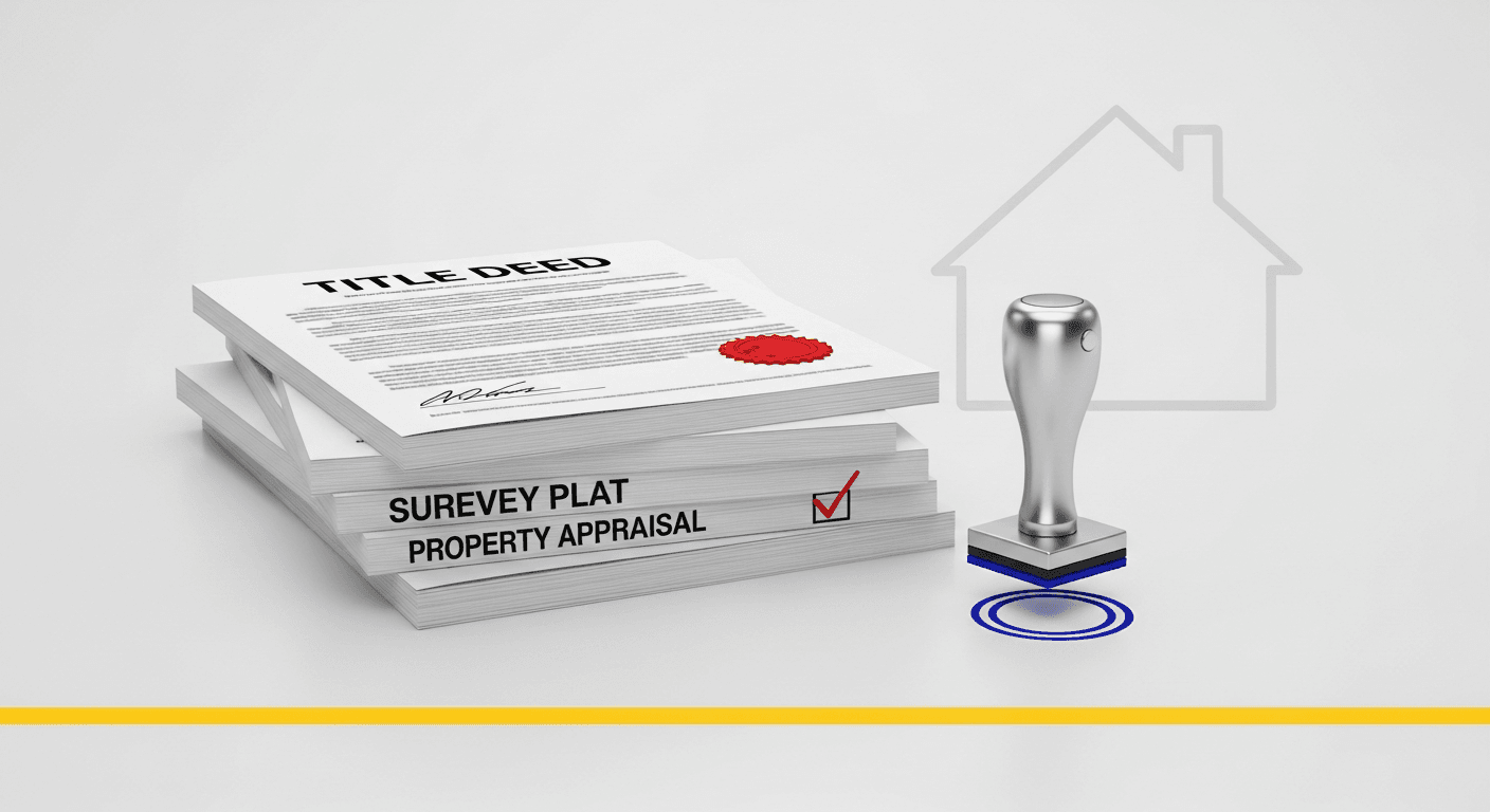 Illustration von Immobiliendokumenten und einem Notarsiegel mit einem Haus im Hintergrund