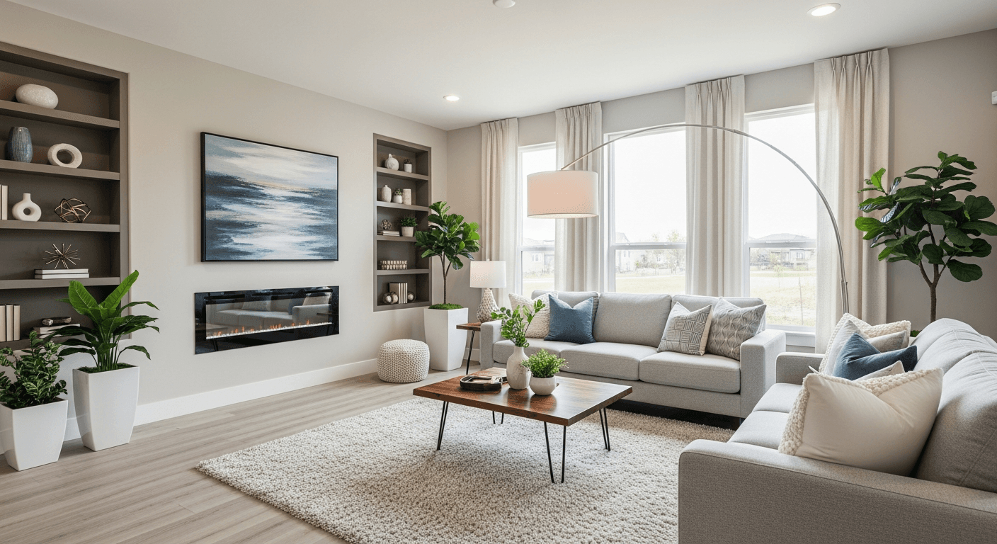 Un salon magnifiquement mis en scène dans un exposé immobilier, présentant des meubles modernes et des tons neutres pour attirer les acheteurs