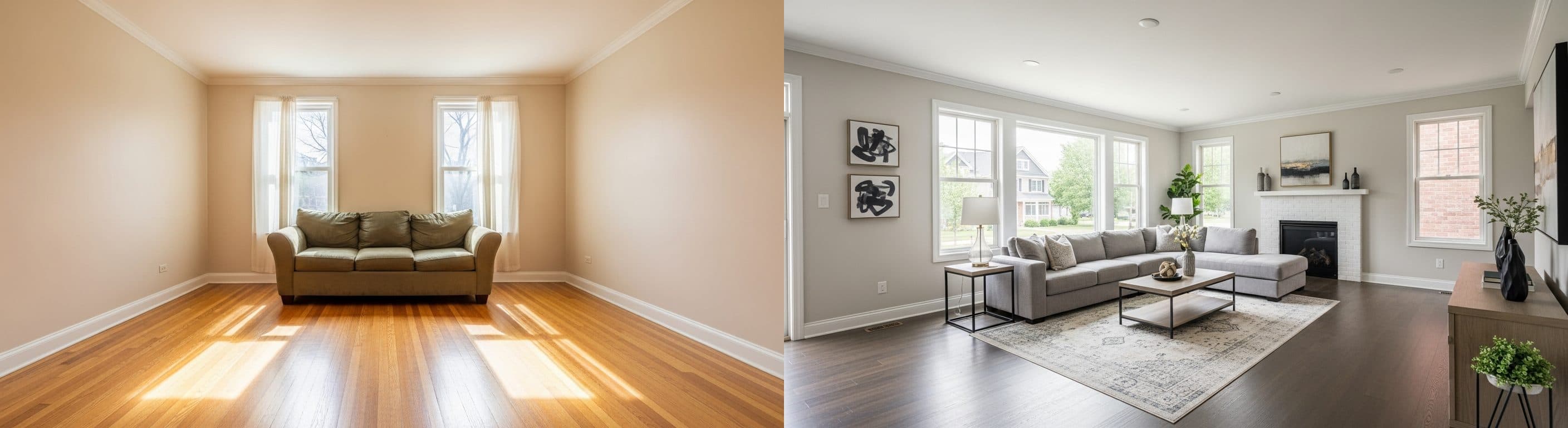 Wohnzimmer: vor vs. nach virtuellem Staging