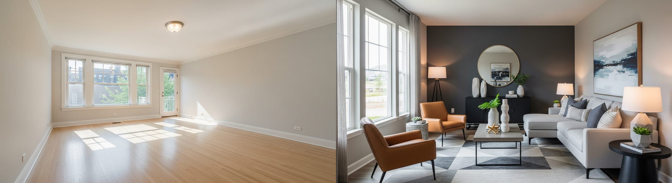 Living Room: before vs after virtual staging