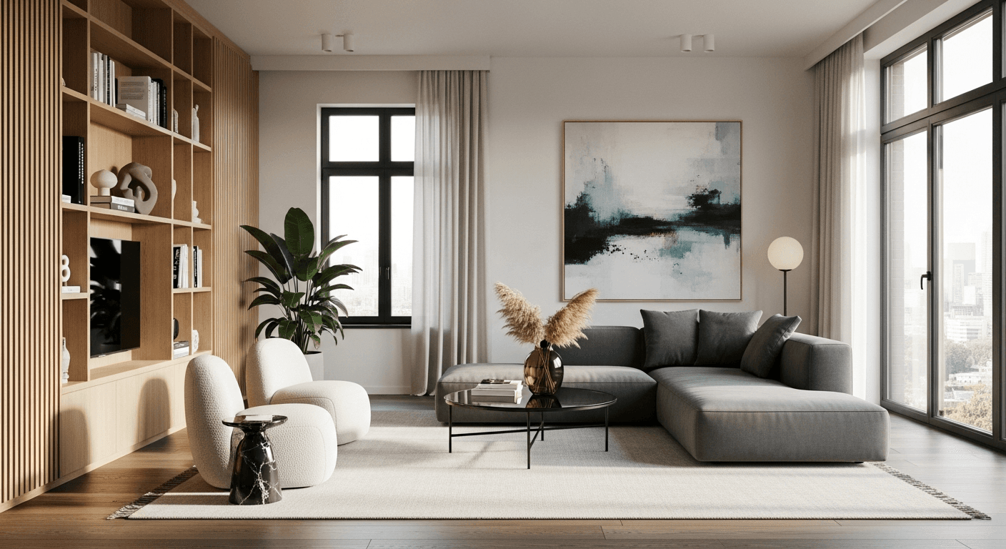 Professional real estate photo using HDR and wide-angle lens showing a bright, spacious living room